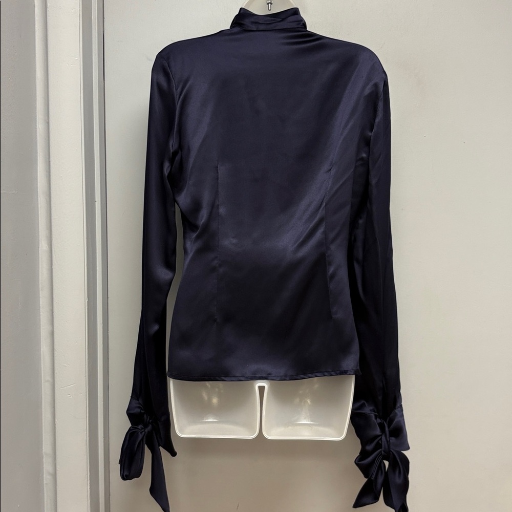 Versus Versace Navy Satin Bow Tie Button-Up Blouse - Picture 5 of 12